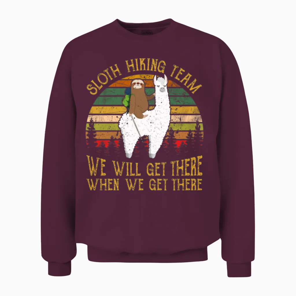 Sloth and Llama Hiking Team Sloth Hiking Unisex Sweatshirt in Maroon