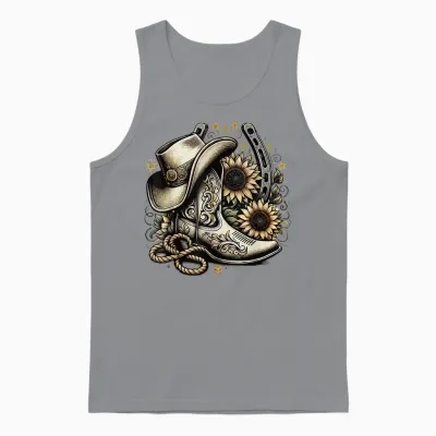 Western Cowboy Boot Horseshoe Shape Sunflower Rope Cowgirl Country T-Shirt, Black, S Unisex Tank Top - Sport Grey