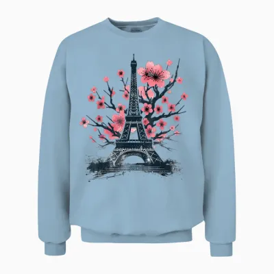 Paris Eiffel Tower Vintage Parisian T-Shirt, White, S Unisex Sweatshirt - Light Blue