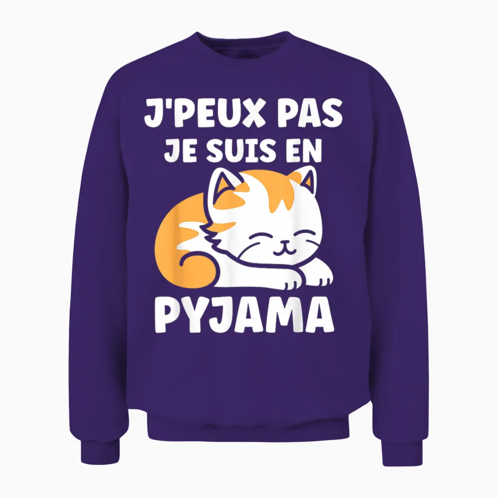 Flemme Humour Petit Chat Je Peux Pas Je Suis En Pyjama T-Shirt, Black Unisex Sweatshirt in Purple