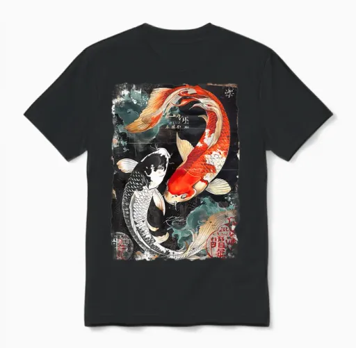 Vintage Graffiti Nishikigoi Fish Koi Carp T-Shirt, Black Unisex T-Shirt in Black