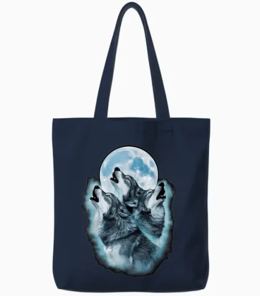 Wolf Wild Animals Full Moon Three Howling Wolves T-Shirt, Black, S Tote Bags in Navy
