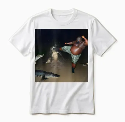 Man Kick Alligator in Swamp Funny Oddly Specific Meme Unisex T-Shirt - White