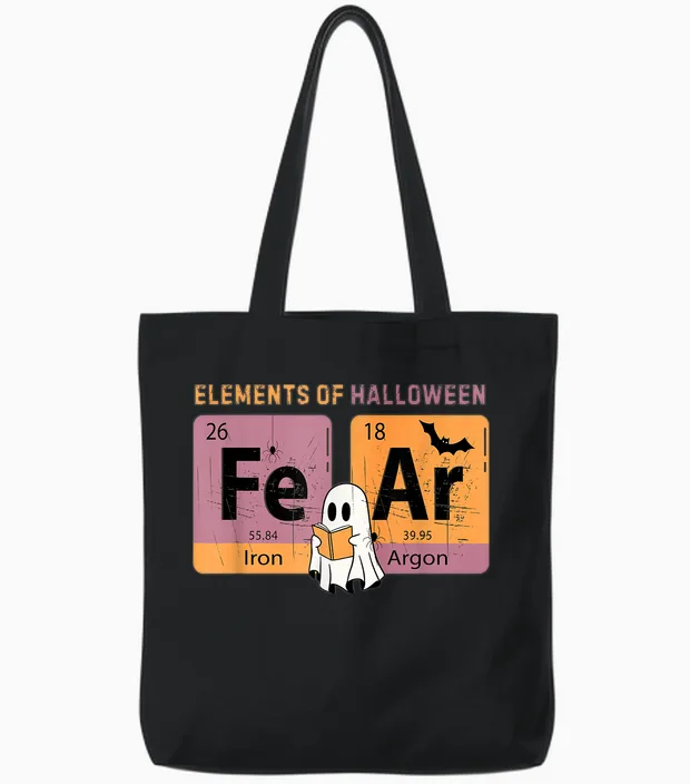 Elements of Halloween Fear Periodically Halloween Chemistry Tote Bags in Black