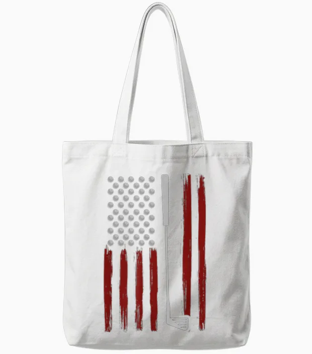 Retro American Flag Golf Golfer Funny Golf Club Golfing Tote Bags in White