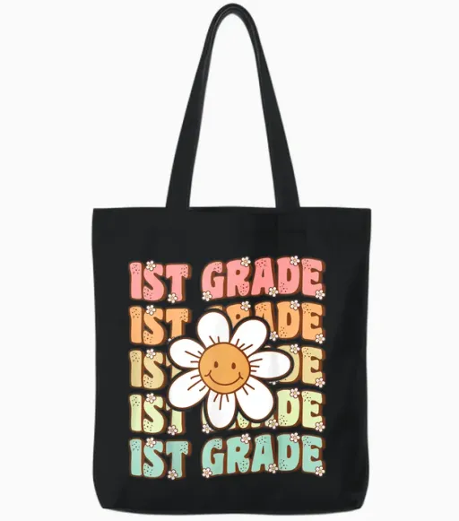 Groovy 1st Grade Back to School First Day of First Grade Tote Bags in Black