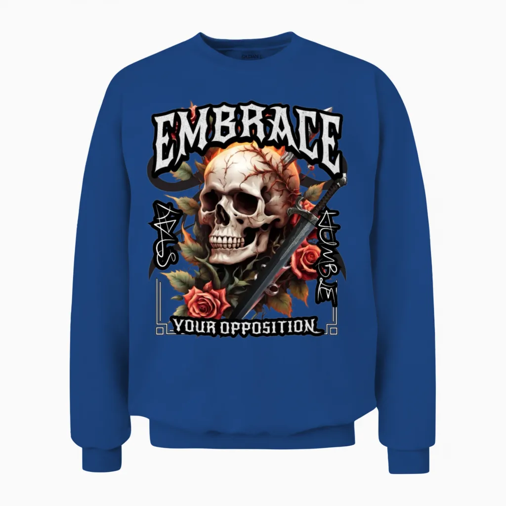 'embrace Your Opposition, Stay Humble' Skull Rose Unisex Sweatshirt in Royal