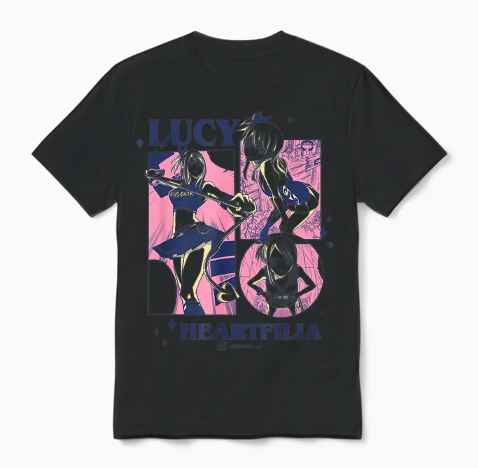 Fairy Tail Lucy Heartfilia Multi Pose Distressed Showcase Unisex T-Shirt in Black