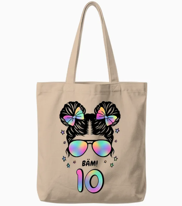10th Birthday Girl Messy Bun Bäm! 10 Tote Bags in Natural