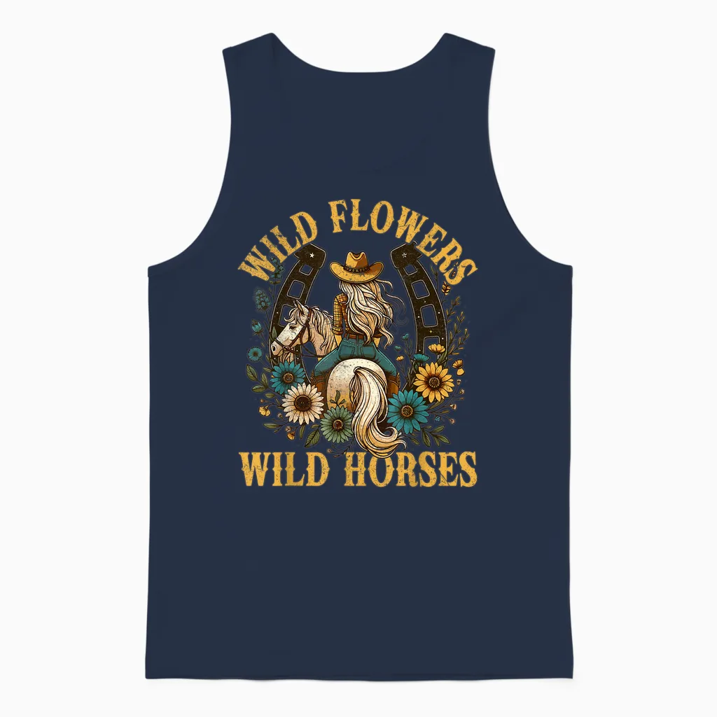 Retro Southern Sunset Cowgirl Wild Flowers - Wild Horses Unisex Tank Top in Navy