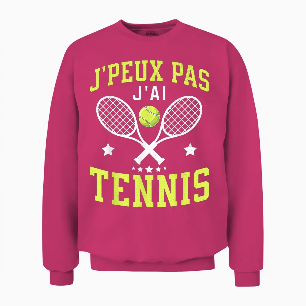 J'peux Pas J'ai Tennis Idea Player Tennis Funny Gift T-Shirt, Black, S Unisex Sweatshirt in Heliconia