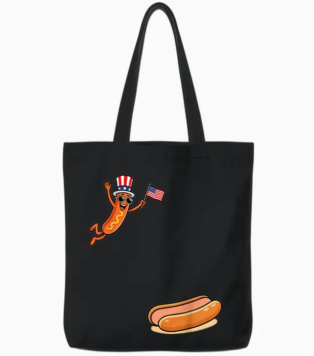 Hotdog Freedom Dive Funny Uncle Sam Hot Dog Jumping into Bun Tote Bags in Black