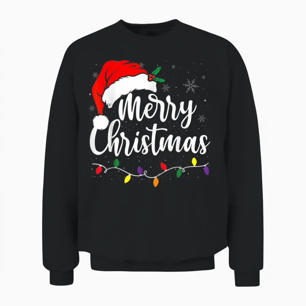 Merry Christmas Lights Red Santa Hat Xmas Family Men Women Unisex Sweatshirt in Black