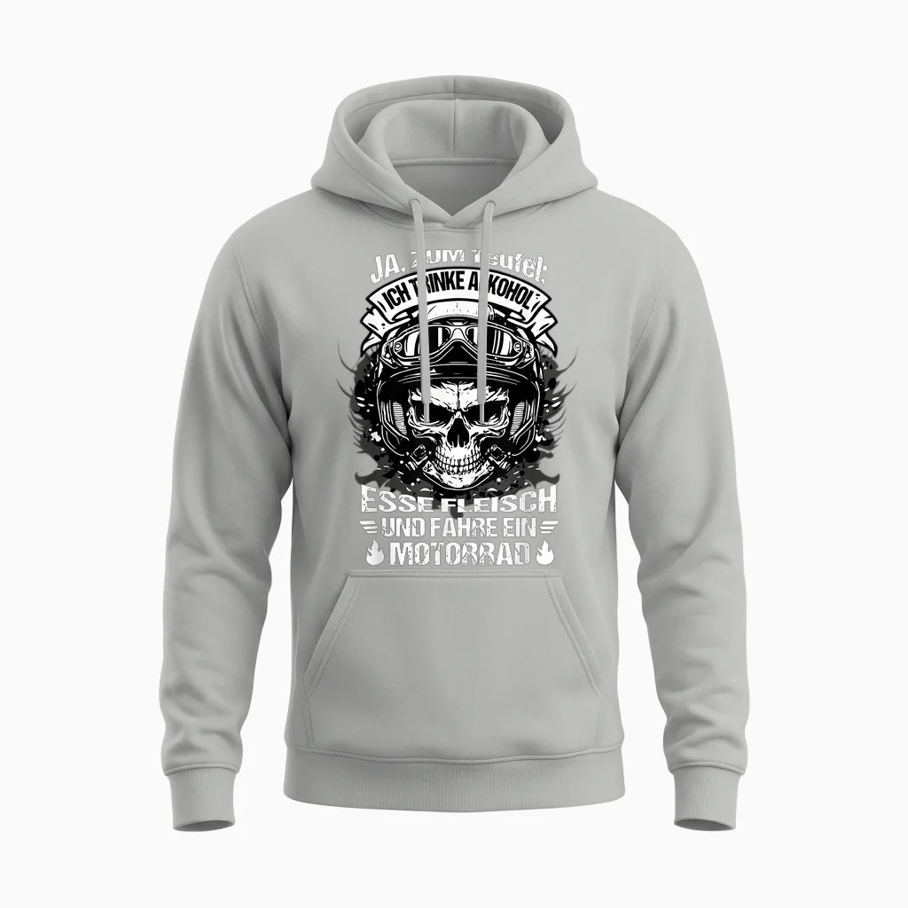 "ja Zum Teufel Ich Trinke Alkohol Esse Fleisch Und Fahre T-Shirt, Black Unisex Hoodie in Ash