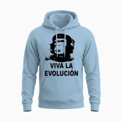 Che Guevara Schimpanse Viva La Evolucion Evolution T-Shirt Für Damen Und Herren, Klassische Passform, Kurzarm, V-Ausschnitt, Blau Mit Affen-Design, Größe S Unisex Hoodie - Light Blue