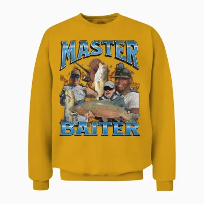 Master Baiter Funny Fishing Meme Pun Bootleg Graphic 90s T-Shirt, Black Unisex Sweatshirt - Gold