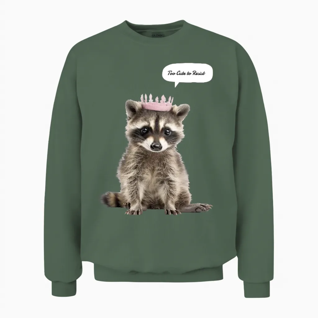 Too Cute to Resist Baby Raccoon Unisex Sweatshirt in Military Green