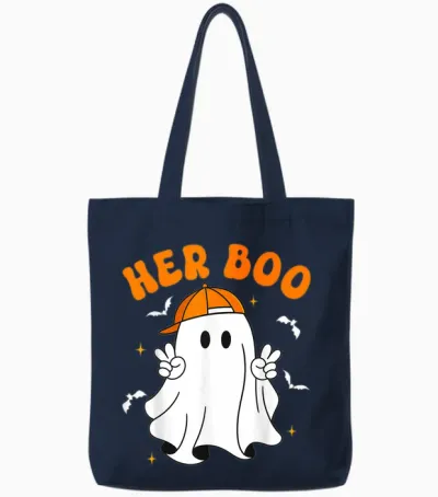 Her Boo & His Boo Funny Matching Halloween Couples Tote Bags - Navy