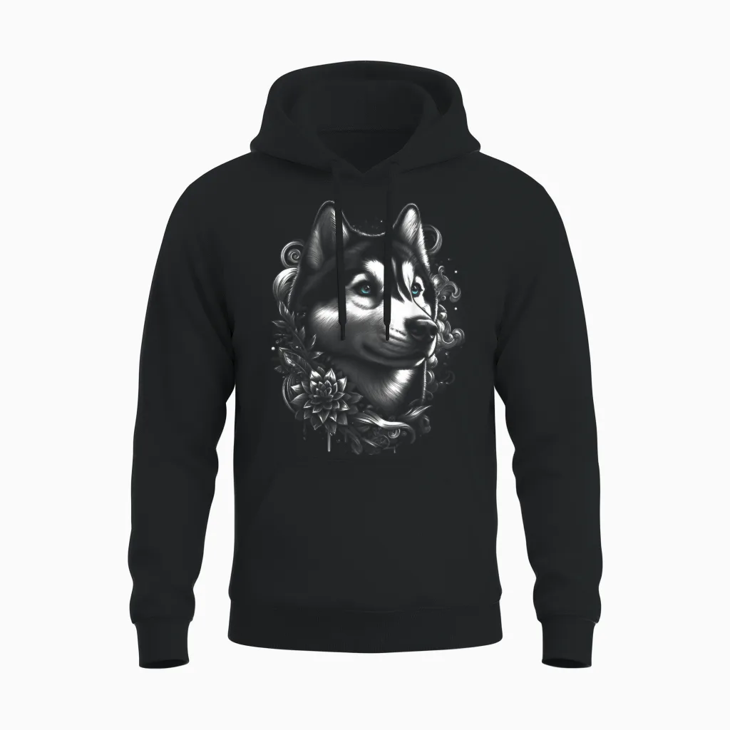Cooler Husky Mit Blauen Augen Und Blumen Deko Unisex Hoodie in Black