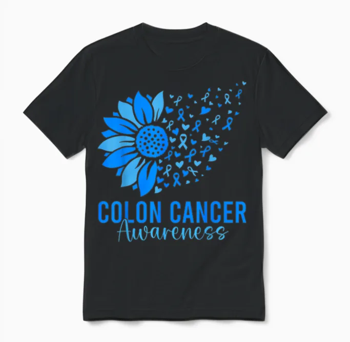 Blue Ribbon Sunflower Colon Cancer Awareness Colorectal Unisex T-Shirt in Black