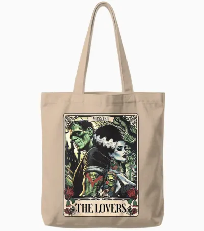 The Monster Frankenstein and Bride the Lovers Tarot Card Tote Bags - Natural