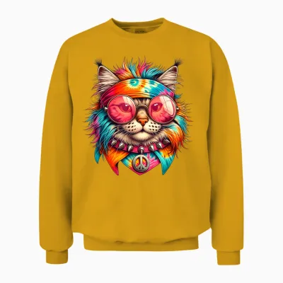 Psychedelic Cat Peace Colorful Hippie Retro Groovy Vibes T-Shirt, Black, S Unisex Sweatshirt - Gold
