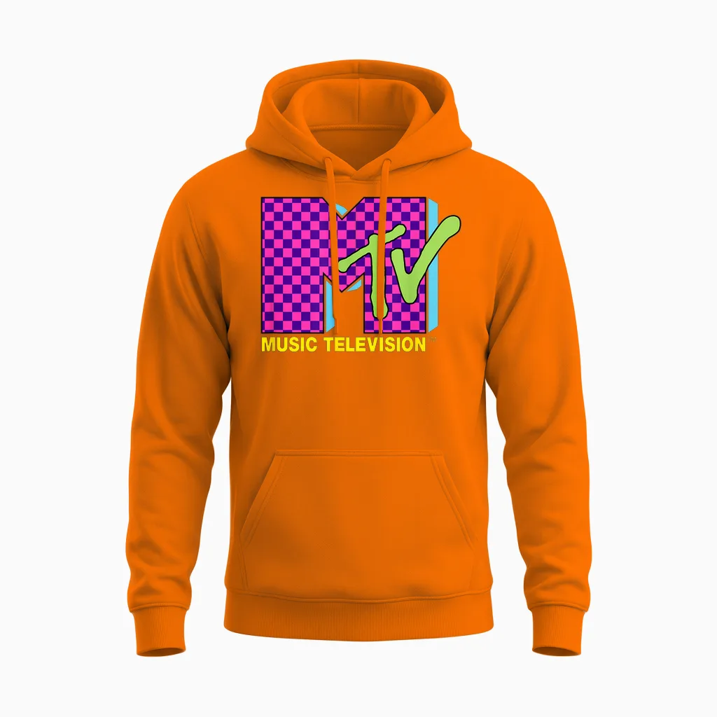 Mtv Music Television Retro 80's Neon Pink Checkerboard Logo Unisex Hoodie in Safety Orange
