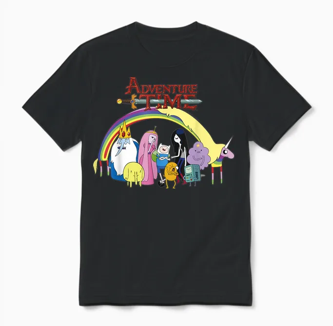 Adventure Time Classic Rainbow Unicorn Group Shot Unisex T-Shirt in Black