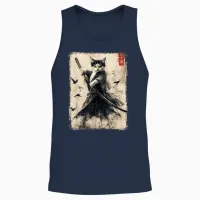 Samurai Cat Graphic Tee Warrior Vintage Japanese Art Anime Unisex Tank Top in Navy - 2