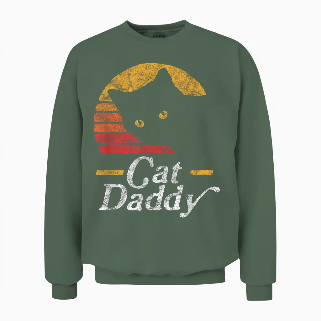Cat Daddy Vintage Eighties Style Cat Retro Distressed Unisex Sweatshirt in Military Green