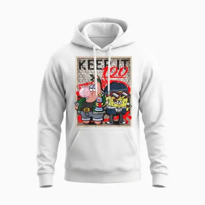 Mademark X Spongebob Squarepants - Spongebob and Patrick Keep It 100 Hip Hop Rap Graffiti Cool Unisex Hoodie - White