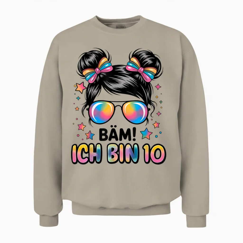 Bam! I'm 10 - Lustiger 10. Geburtstag Mädchen Regenbogen Messy Bun Sun Unisex Sweatshirt in Sand