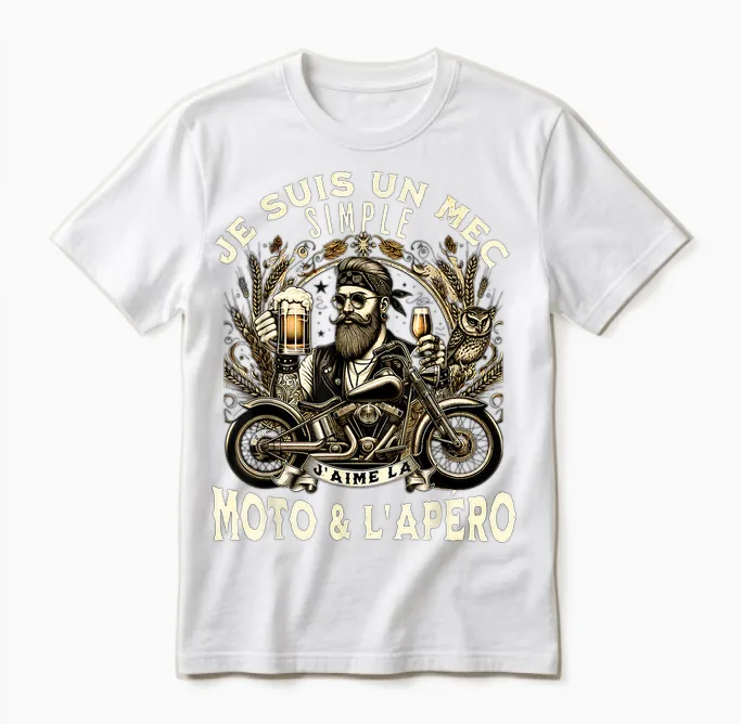 Gift Fan Motorcycle and Aperitif Biker Humour Alcohol Funny T-Shirt, Black, S Unisex T-Shirt in White