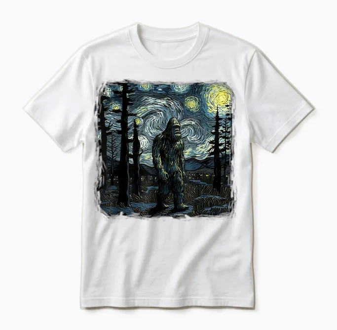 Bigfoot Starry Night Sasquatch Van Gogh Sky Painting Art Unisex T-Shirt in White