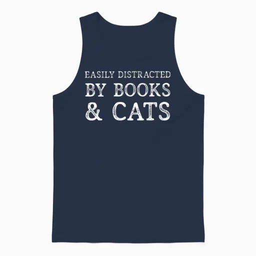 Easily Distracted by Books and Cats Unisex Tank Top in Navy