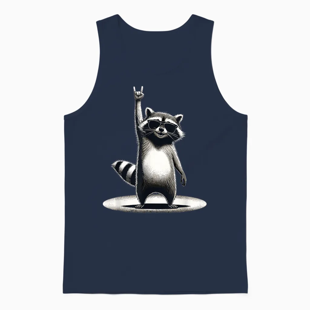 Retro Raccoon Rock Music Gift Men Children Women Funny Raccoon T-Shirt, Black Unisex Tank Top in Navy