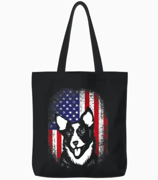 4th of July Us Flag Cute Australian Cattle Dog Tote Bags in Black