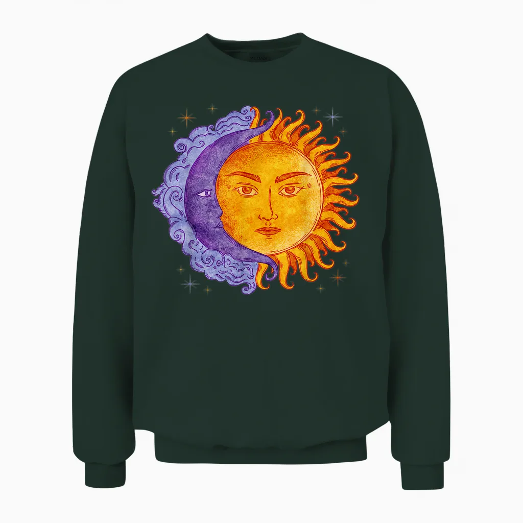 Celestial Bodies Halbmond Sonne Tarot Vintage Unisex Sweatshirt in Forest