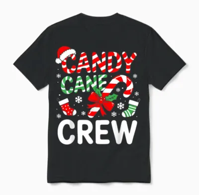 Candy Cane Crew Shirt Adult Men Women Kids Christmas Pajamas Unisex T-Shirt - Black