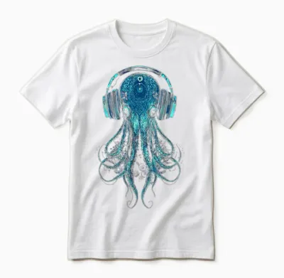 Octopus Animal Lovers Motif Music Headphones Illustration Squid Unisex T-Shirt - White