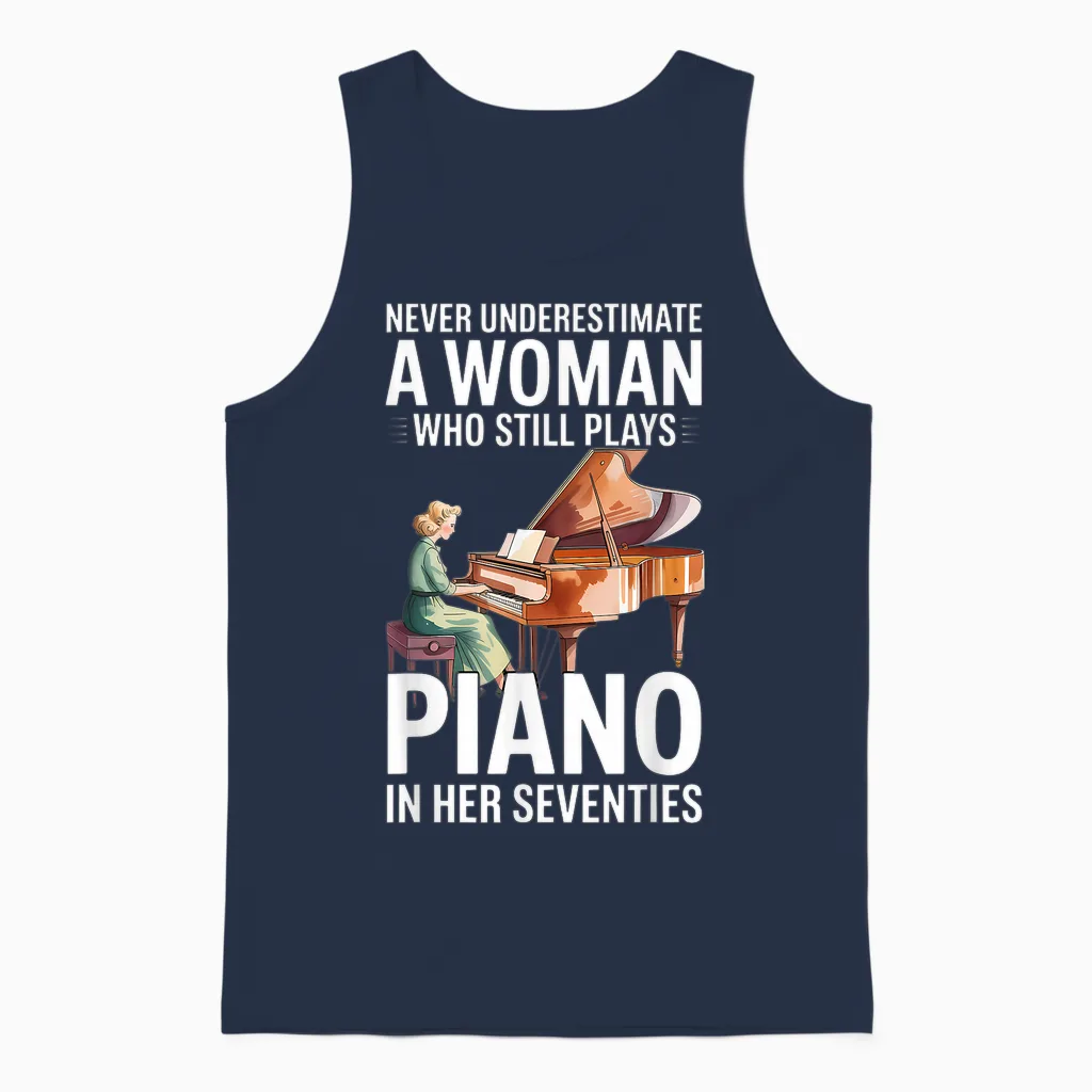 Ne Sous-Estimez Jamais Une Femme Qui Joue Encore Du Piano Des Années 70 Unisex Tank Top in Navy