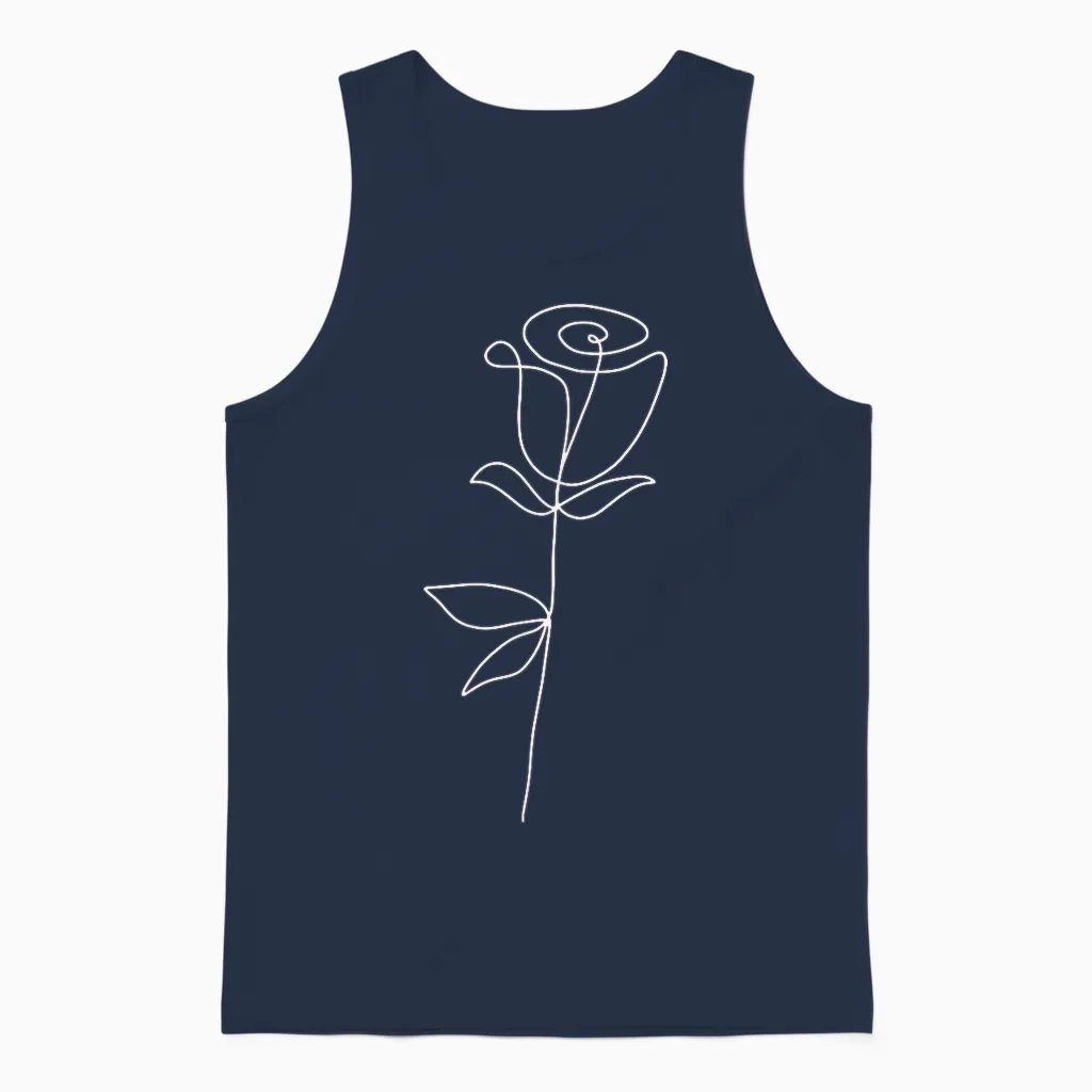 One Line Art Rose Flower Minimalist Modern White Aesthetic T-Shirt, Black Unisex Tank Top in Navy