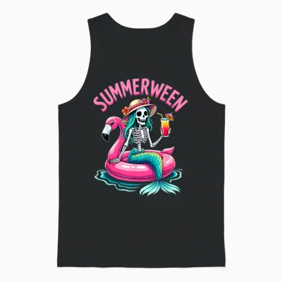 Summerween Mermaid Skeleton Beach Flamingo Halloween Girl Unisex Tank Top - Black