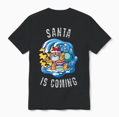 Santa Is Coming by Surfboard Unisex T-Shirt - Black