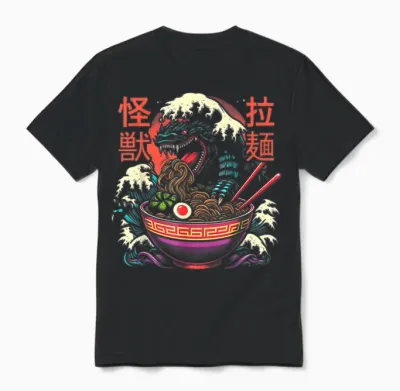 Kaiju Monster Kanagawa Japan Is Ramen Noodles Dragon Anime T-Shirt, Black Unisex T-Shirt - Black