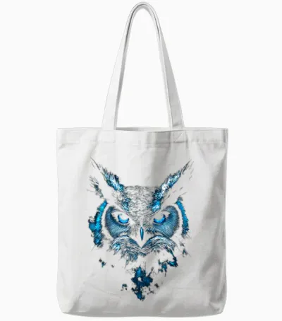 Owl Bird Pattern Animal Art Blue Eyes Owl T-Shirt, Black, S Tote Bags - White