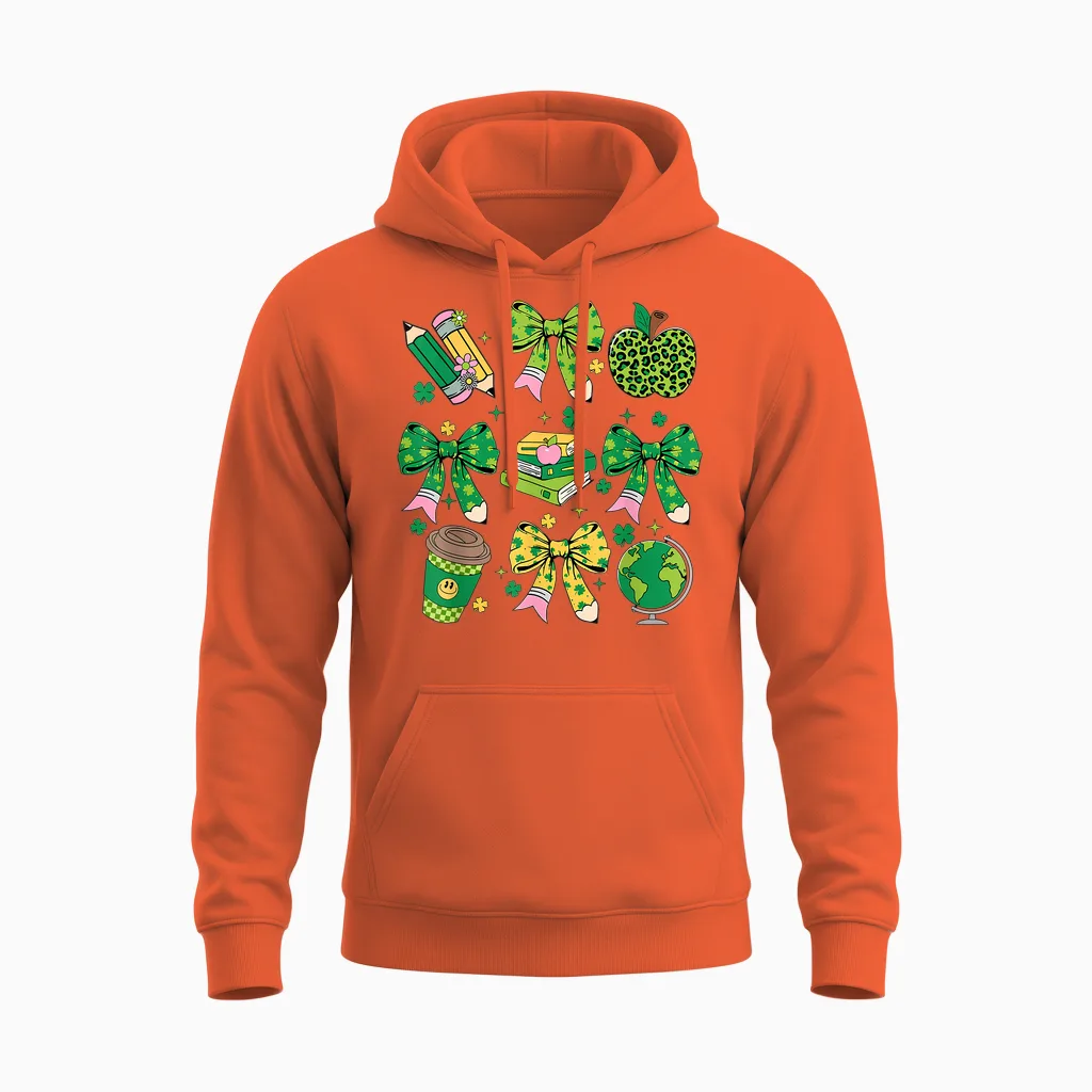 St Patrick's Day Lucky Teacher Shamrock Coquette Bow Pencil Unisex Hoodie in Orange