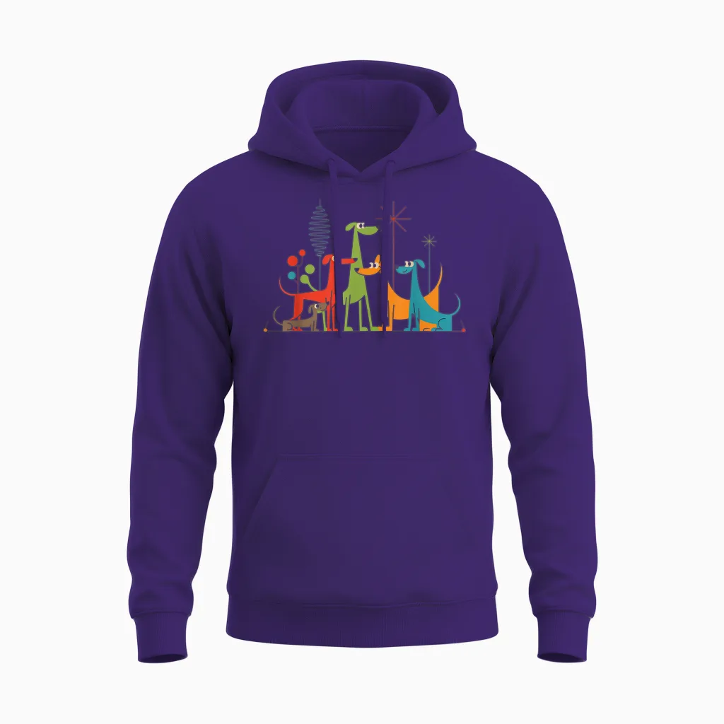Retro Mid Century Modern Dogs 50s 60s Atomic Art Design Unisex Hoodie in Purple