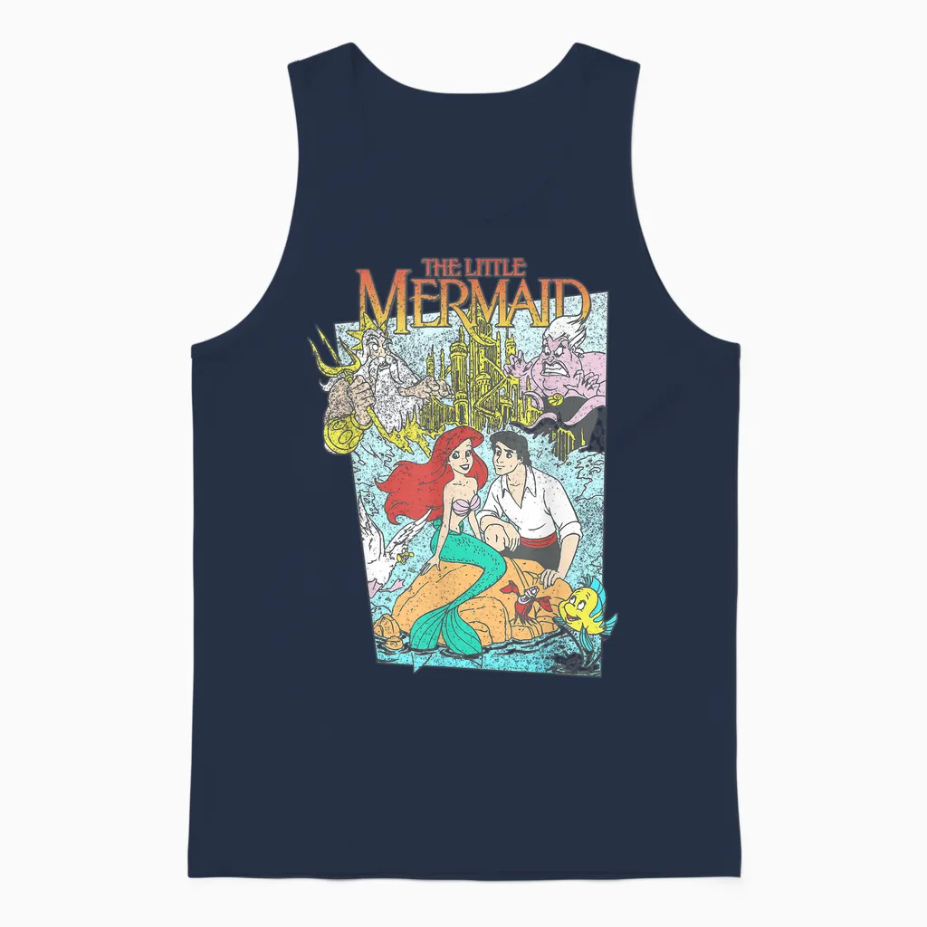 Disney the Little Mermaid Movie Cover T-Shirt, Grey, S Unisex Tank Top in Navy