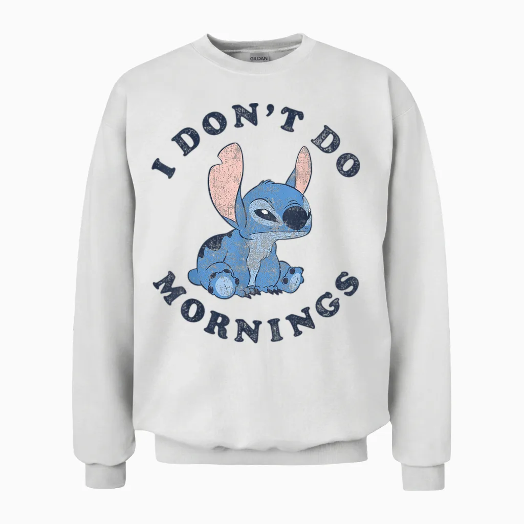 Disney Lilo & Stitch I Don't Do Mornings Distressed V2 Unisex Sweatshirt in White